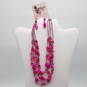 Madison Avenue 4 Strand Fuchsia Pink Glass Faux Beaded Necklace & Earring Set